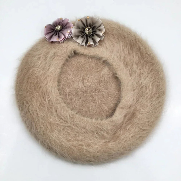 Women's Super Soft Beret Fuzzy Floral Ribbon Rhinestones Tan Pink Brown Feathers - Picture 8 of 9